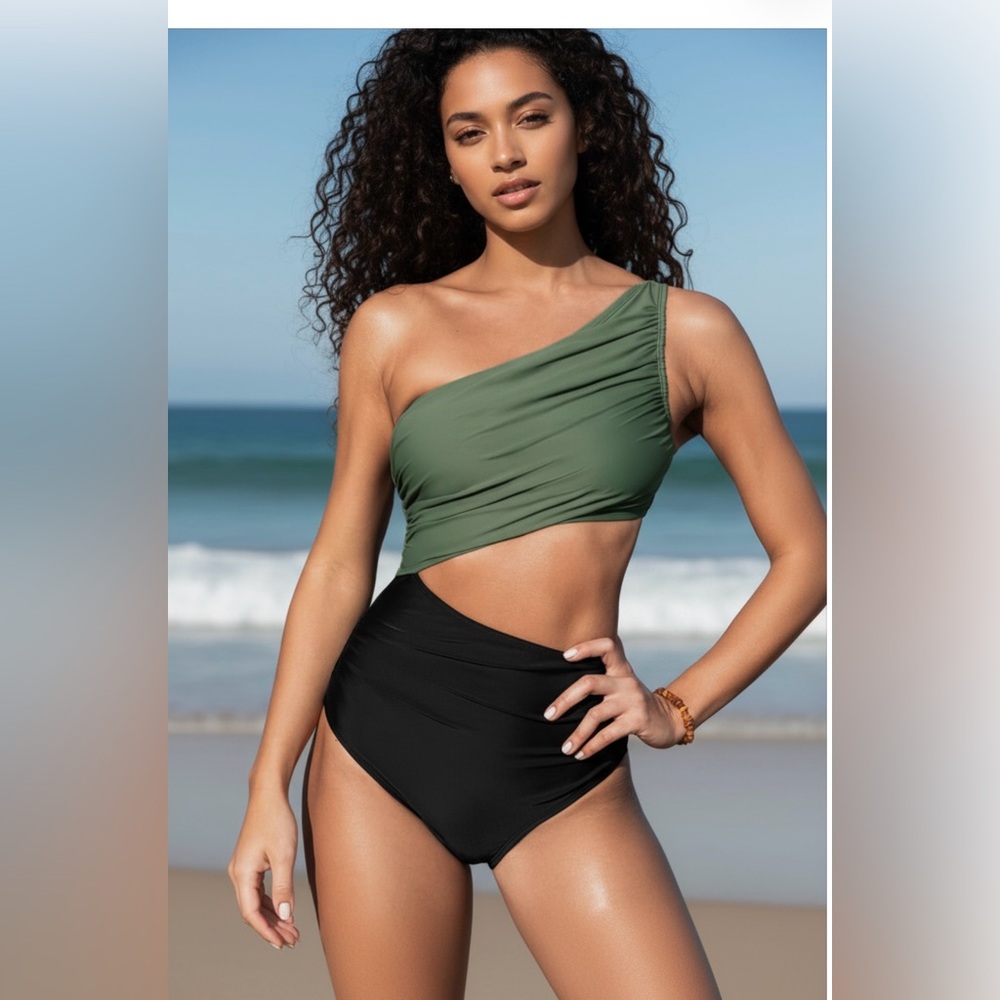 NWT Cupshe Olive and Black One-Shoulder Bikini